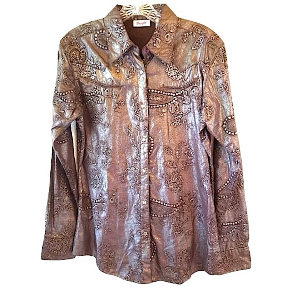 Wrangler Brown Silver Western Rodeo Metallic Shimmer Embossed Snap Shirt Small